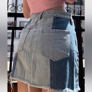 Thrifted, vintage, patchwork, denim mini skirt, 27”
